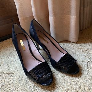 Louise et cie black leather and suede peep toe heels women shoes size 9.5 cute!!
